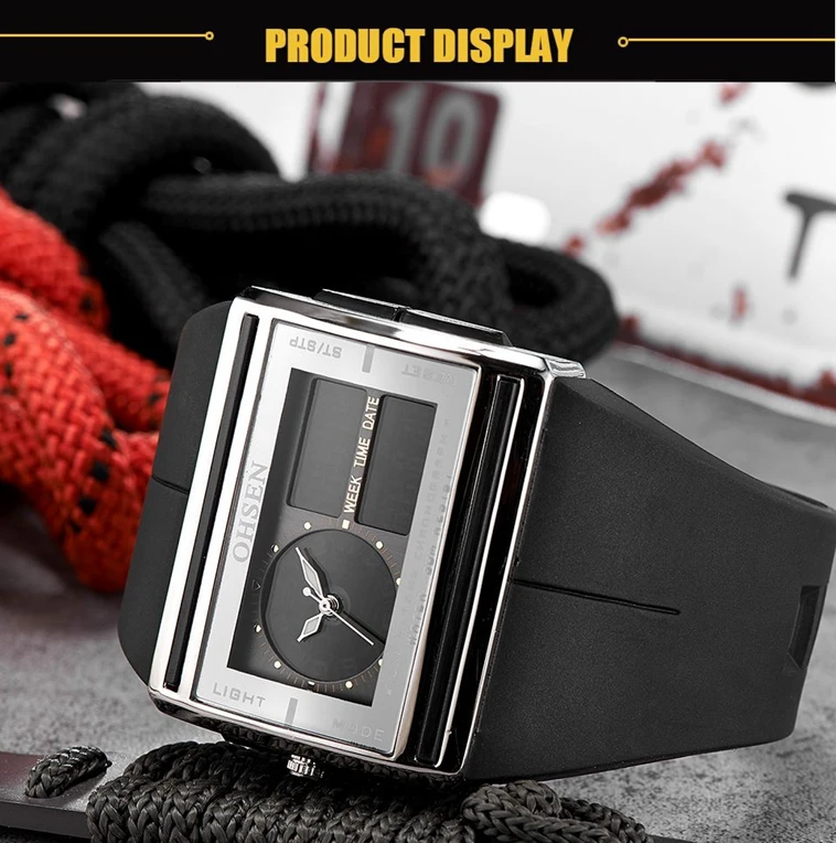 Men Digital Sport Watches Dual Time Black Military Quartz Wristwatch Rectangle Dial Outdoor Waterproof Tactial Man Watch Clocks