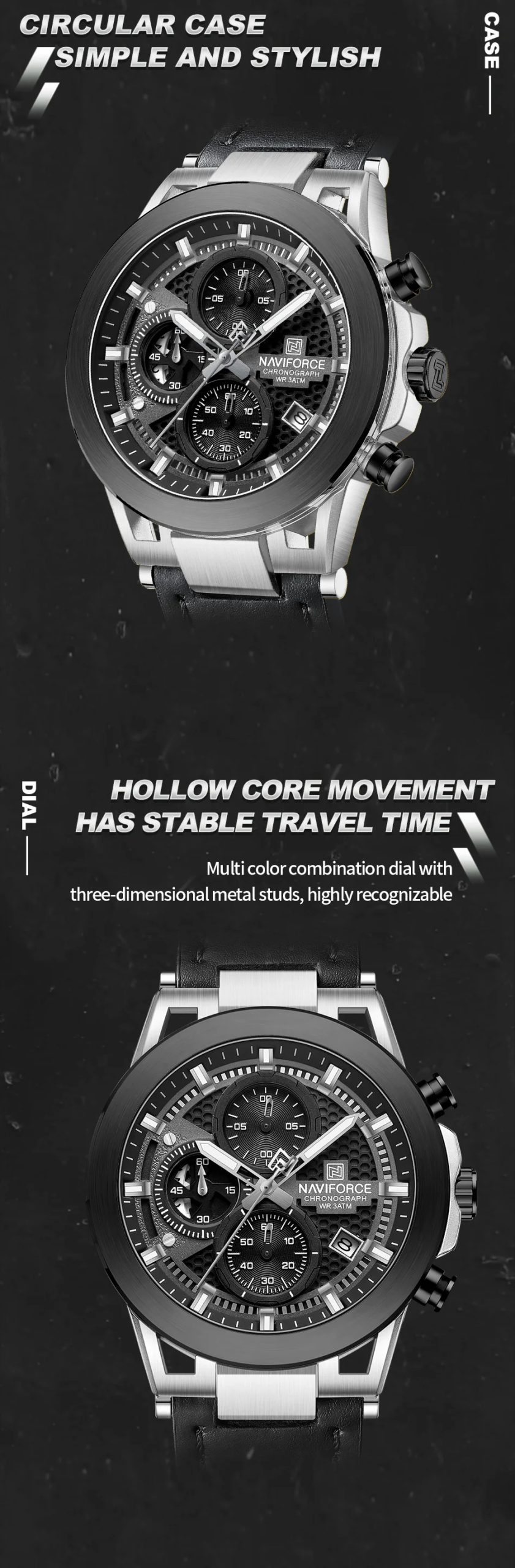 NAVIFROCE Men Creative Quartz Multi-function Chronograph Wristwatches for Male Sports Clock Man Comfortable Leather Strap Clock