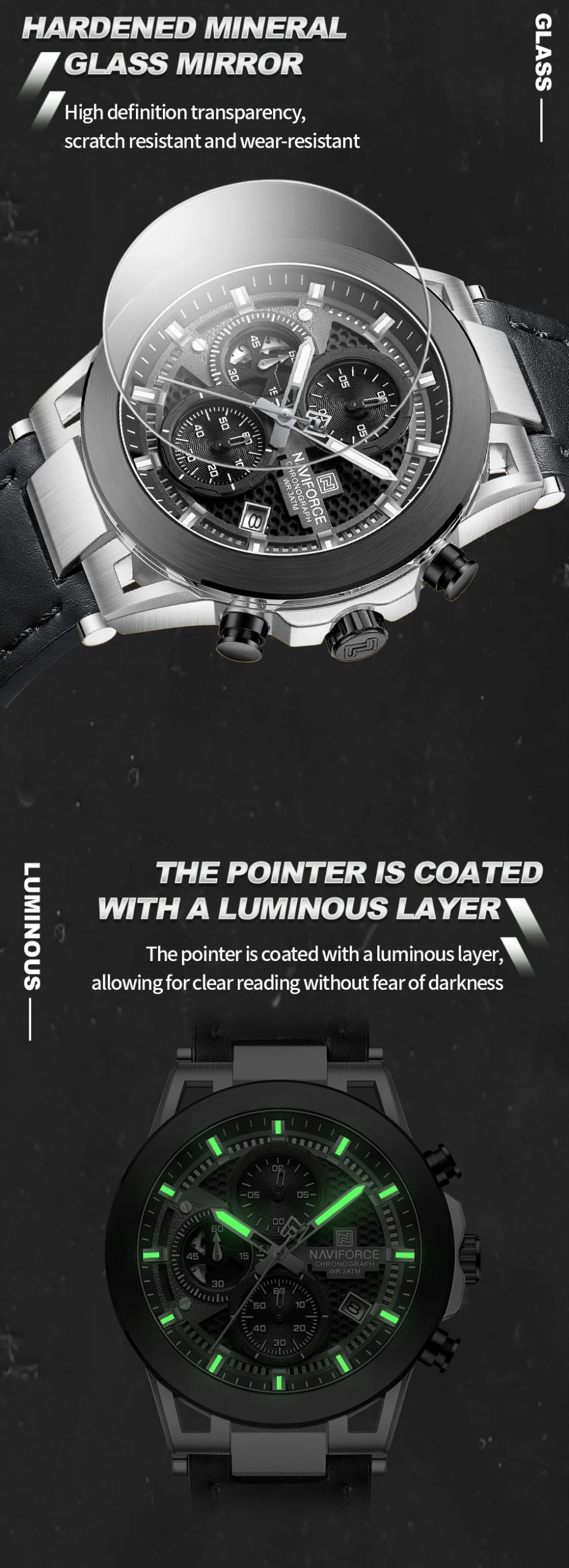 NAVIFROCE Men Creative Quartz Multi-function Chronograph Wristwatches for Male Sports Clock Man Comfortable Leather Strap Clock