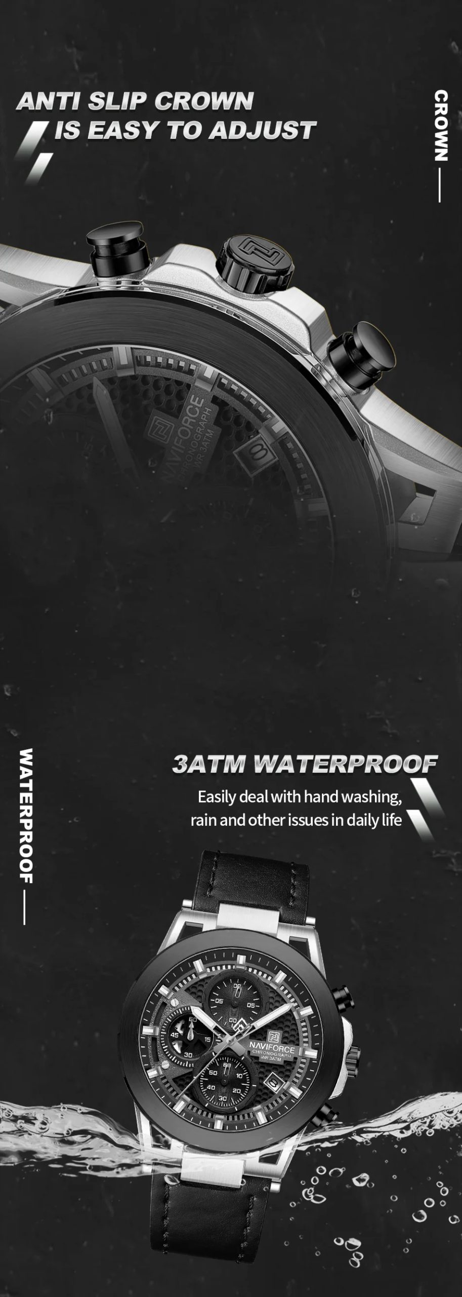 NAVIFROCE Men Creative Quartz Multi-function Chronograph Wristwatches for Male Sports Clock Man Comfortable Leather Strap Clock