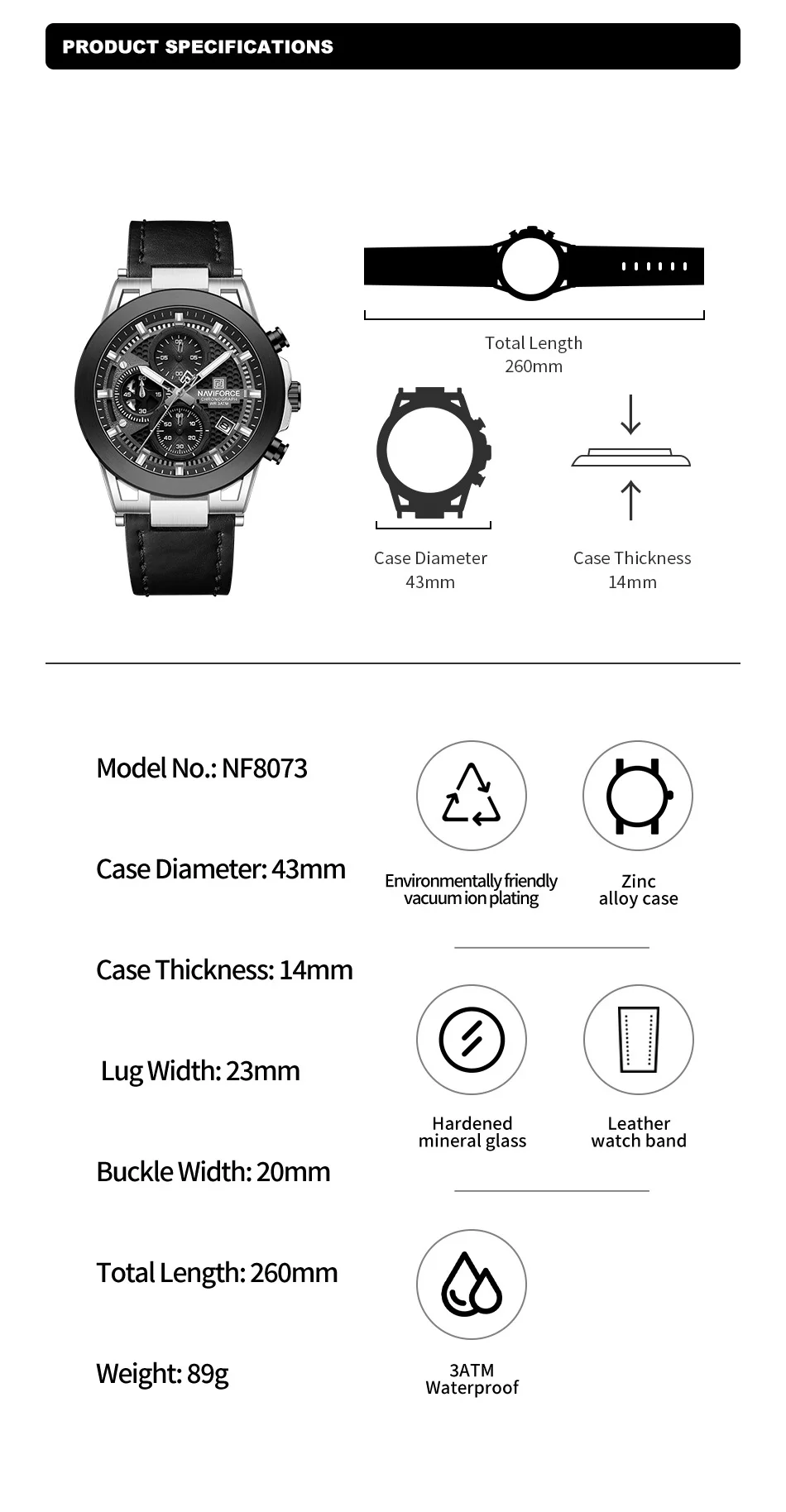 NAVIFROCE Men Creative Quartz Multi-function Chronograph Wristwatches for Male Sports Clock Man Comfortable Leather Strap Clock