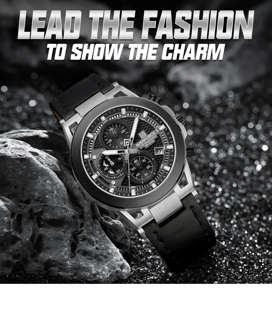 NAVIFROCE Men Creative Quartz Multi-function Chronograph Wristwatches for Male Sports Clock Man Comfortable Leather Strap Clock