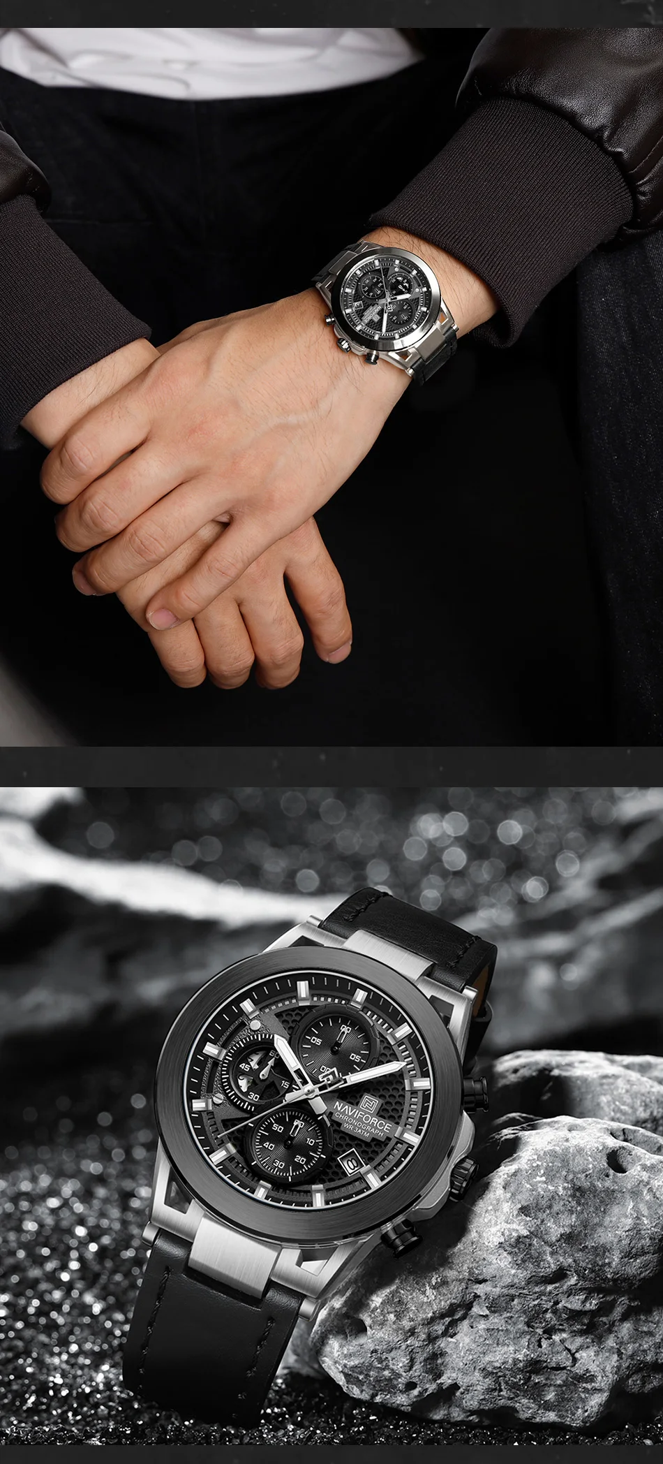 NAVIFROCE Men Creative Quartz Multi-function Chronograph Wristwatches for Male Sports Clock Man Comfortable Leather Strap Clock