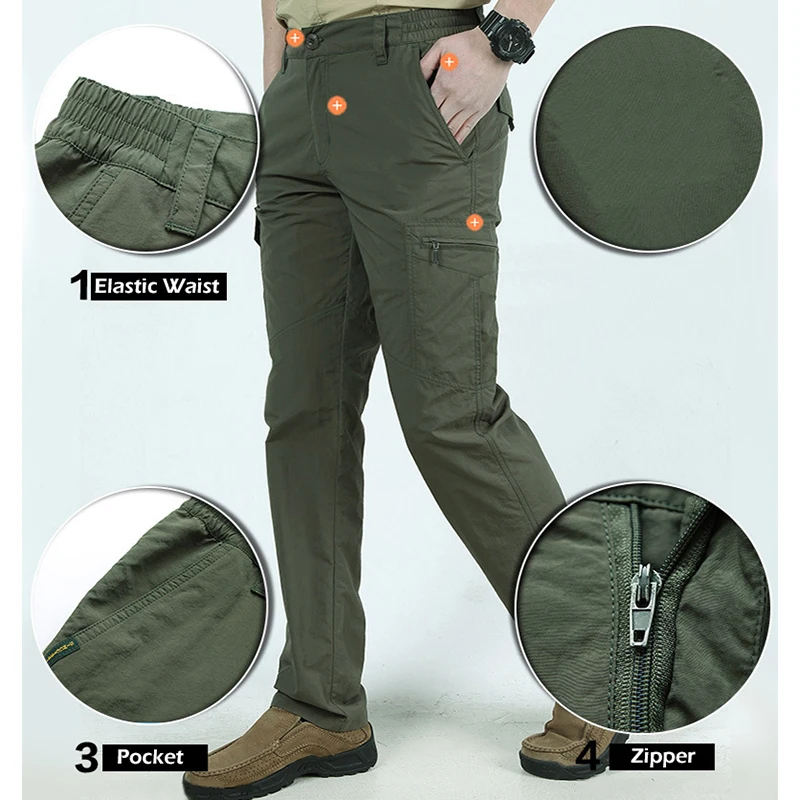 2025 Summer Men's Casual Cargo Trousers Outdoor Sports Pants Multi Pockets Tactical Pant Waterproof Camping Fishing Men Clothing
