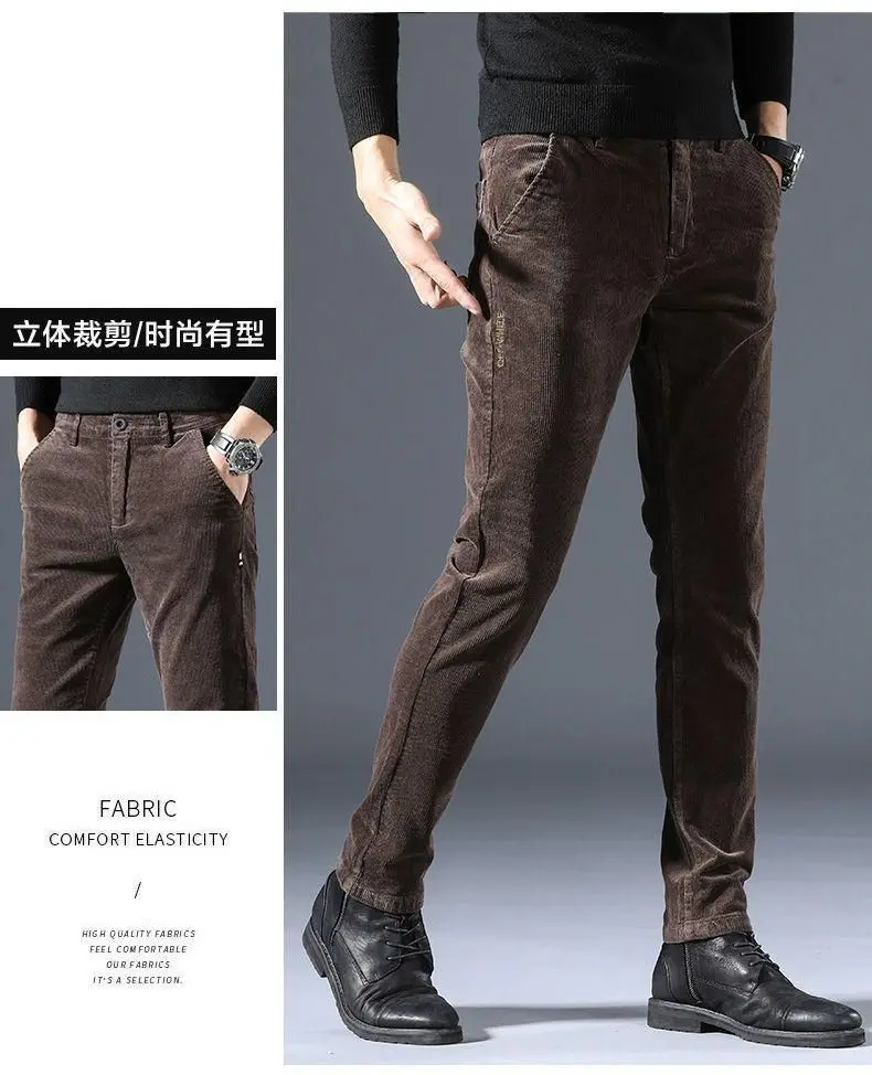 Men Vintage Fashion Letter Embroidery Corduroy Thick Velvet Casual Pants Autumn Winter Male Solid Slim Pockets Straight Trousers