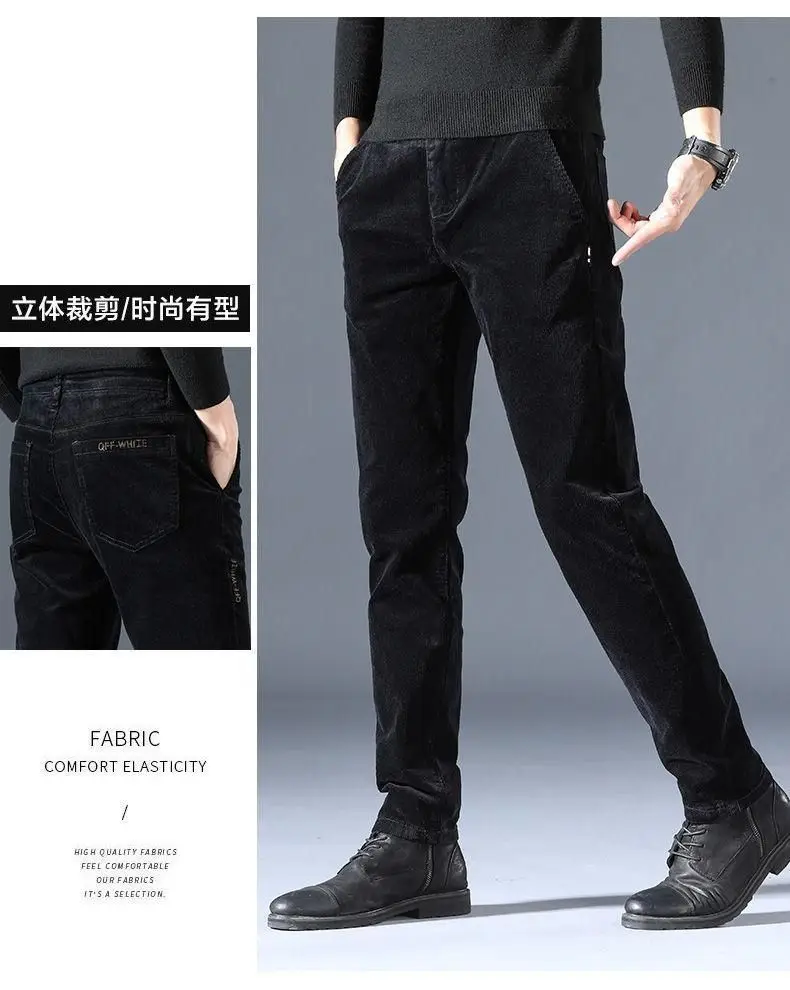 Men Vintage Fashion Letter Embroidery Corduroy Thick Velvet Casual Pants Autumn Winter Male Solid Slim Pockets Straight Trousers