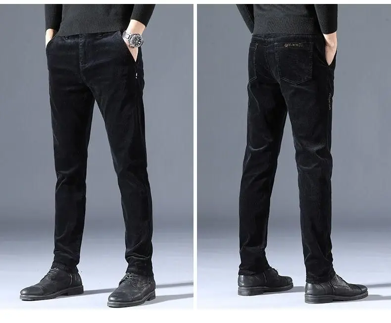 Men Vintage Fashion Letter Embroidery Corduroy Thick Velvet Casual Pants Autumn Winter Male Solid Slim Pockets Straight Trousers