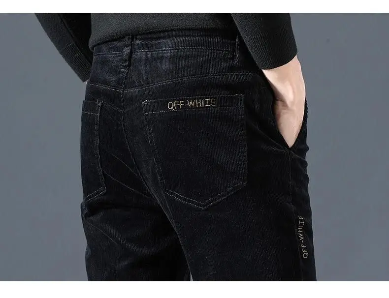 Men Vintage Fashion Letter Embroidery Corduroy Thick Velvet Casual Pants Autumn Winter Male Solid Slim Pockets Straight Trousers