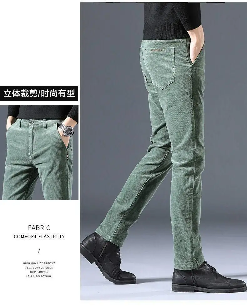Men Vintage Fashion Letter Embroidery Corduroy Thick Velvet Casual Pants Autumn Winter Male Solid Slim Pockets Straight Trousers