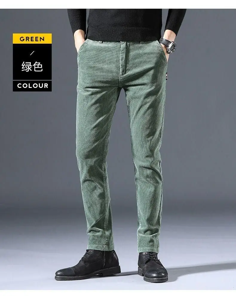 Men Vintage Fashion Letter Embroidery Corduroy Thick Velvet Casual Pants Autumn Winter Male Solid Slim Pockets Straight Trousers