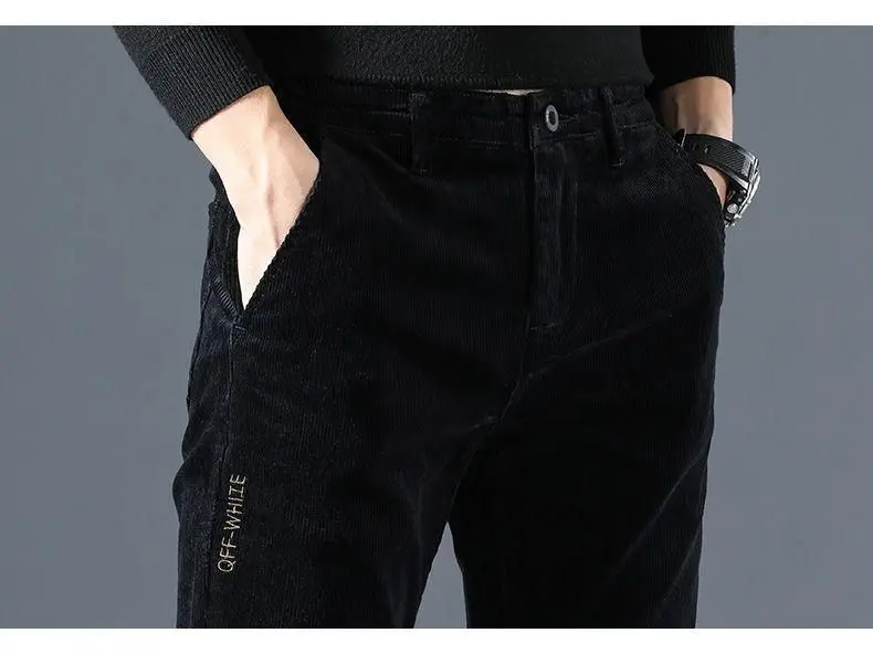 Men Vintage Fashion Letter Embroidery Corduroy Thick Velvet Casual Pants Autumn Winter Male Solid Slim Pockets Straight Trousers