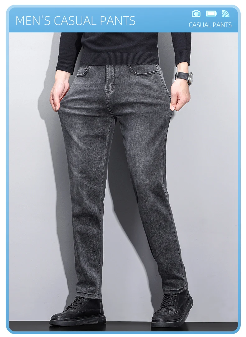 Mens Trendy Elastic Loose Straight Jeans 2025 Autumn Winter High End Fashion Versatile Casual Pants Plus Size 38