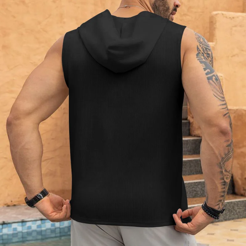 2025 summer Men's Casual Tops Hooded Sleeveless Tank Top T-shirt Large Pockets Pullover Mens Solid Color Lace-up Vest ﻿