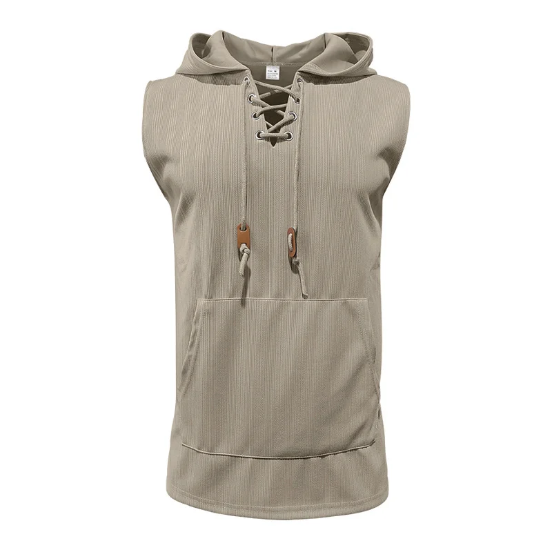 2025 summer Men's Casual Tops Hooded Sleeveless Tank Top T-shirt Large Pockets Pullover Mens Solid Color Lace-up Vest ﻿