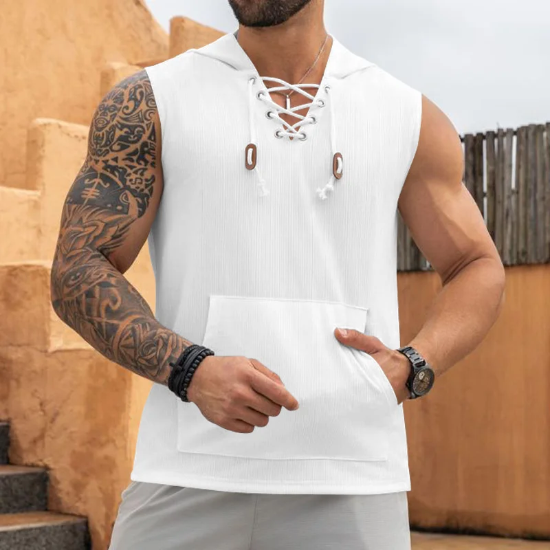 2025 summer Men's Casual Tops Hooded Sleeveless Tank Top T-shirt Large Pockets Pullover Mens Solid Color Lace-up Vest ﻿