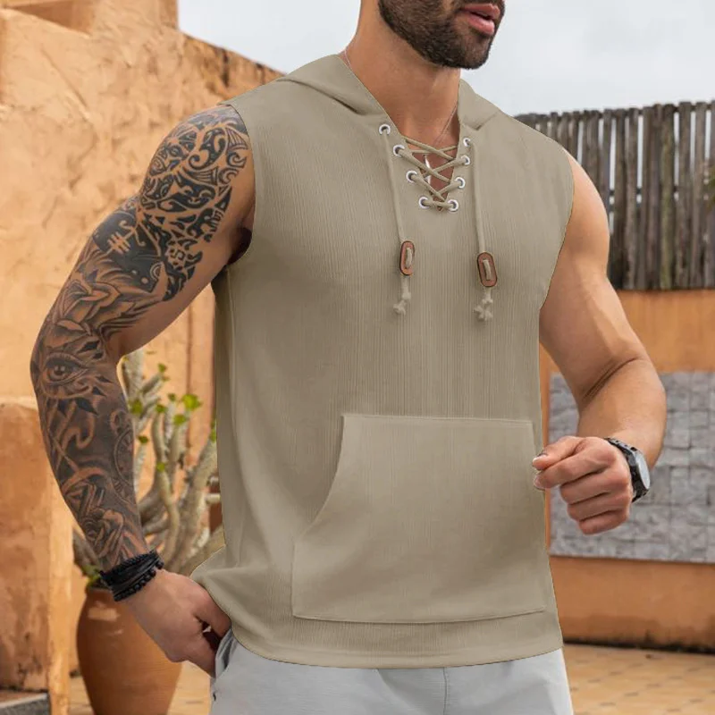 2025 summer Men's Casual Tops Hooded Sleeveless Tank Top T-shirt Large Pockets Pullover Mens Solid Color Lace-up Vest ﻿