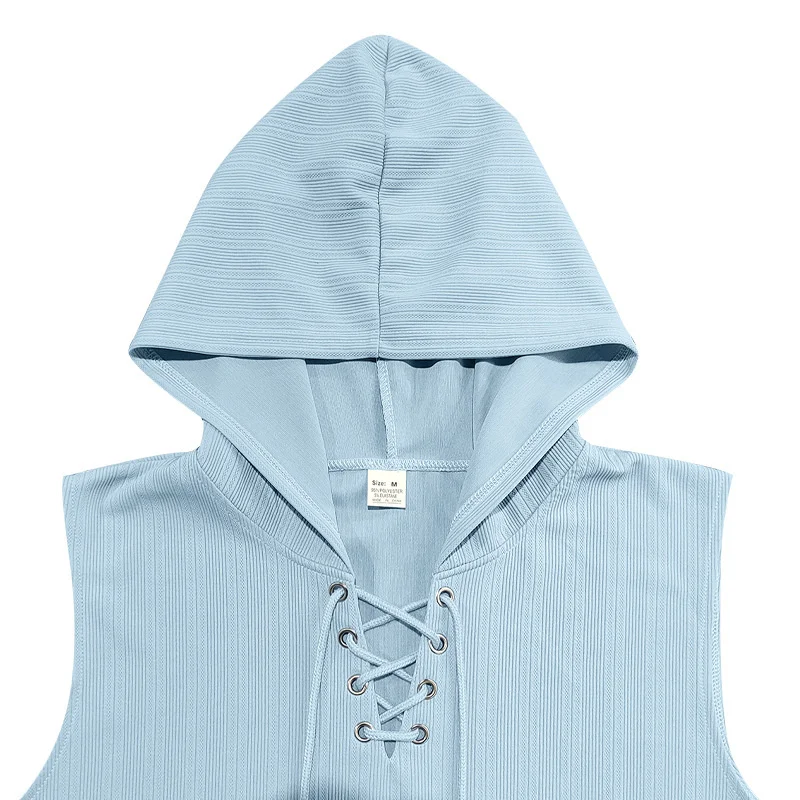 2025 summer Men's Casual Tops Hooded Sleeveless Tank Top T-shirt Large Pockets Pullover Mens Solid Color Lace-up Vest ﻿