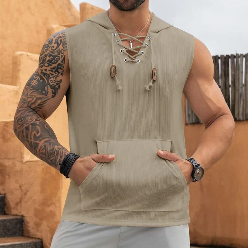 2025 summer Men's Casual Tops Hooded Sleeveless Tank Top T-shirt Large Pockets Pullover Mens Solid Color Lace-up Vest ﻿