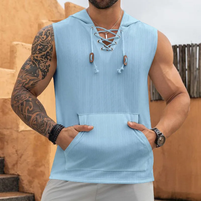2025 summer Men's Casual Tops Hooded Sleeveless Tank Top T-shirt Large Pockets Pullover Mens Solid Color Lace-up Vest ﻿