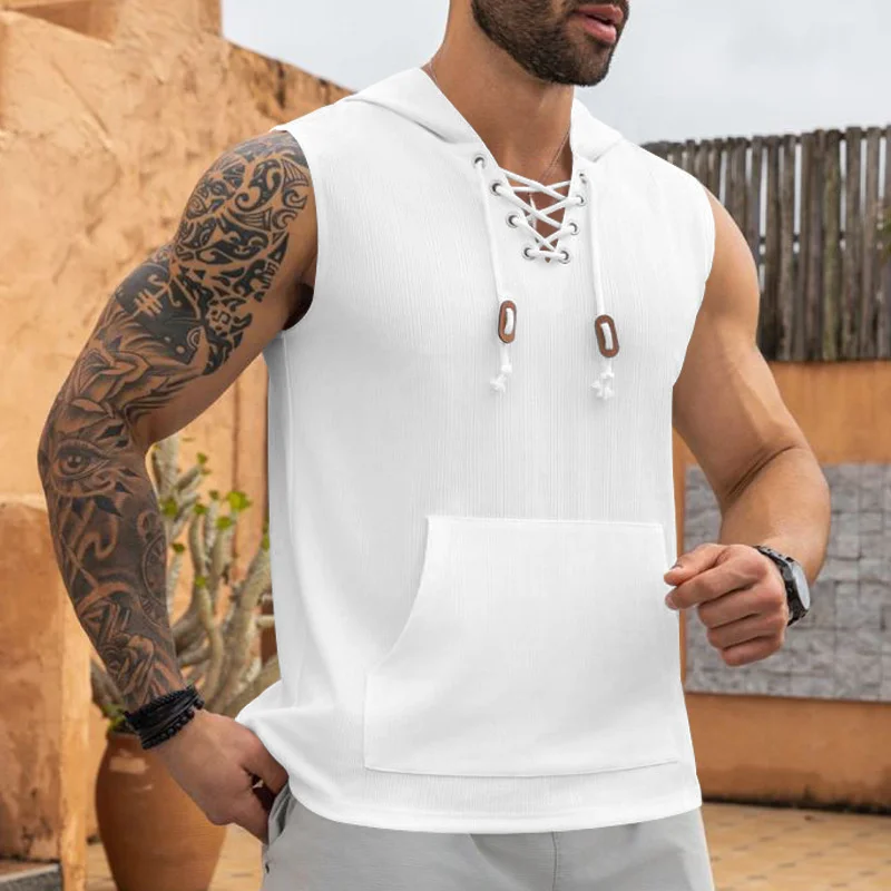 2025 summer Men's Casual Tops Hooded Sleeveless Tank Top T-shirt Large Pockets Pullover Mens Solid Color Lace-up Vest ﻿