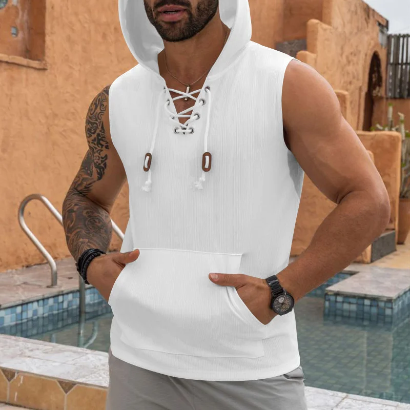 2025 summer Men's Casual Tops Hooded Sleeveless Tank Top T-shirt Large Pockets Pullover Mens Solid Color Lace-up Vest ﻿
