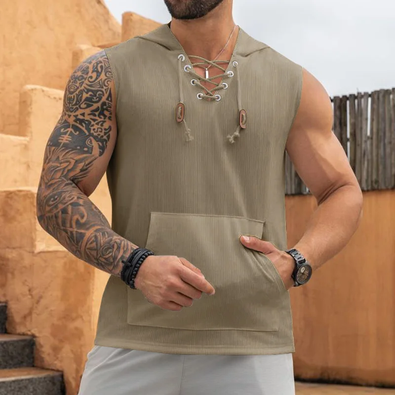 2025 summer Men's Casual Tops Hooded Sleeveless Tank Top T-shirt Large Pockets Pullover Mens Solid Color Lace-up Vest ﻿
