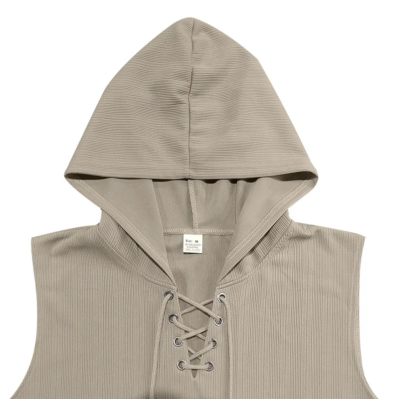 2025 summer Men's Casual Tops Hooded Sleeveless Tank Top T-shirt Large Pockets Pullover Mens Solid Color Lace-up Vest ﻿