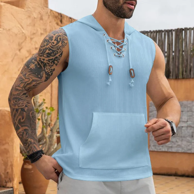 2025 summer Men's Casual Tops Hooded Sleeveless Tank Top T-shirt Large Pockets Pullover Mens Solid Color Lace-up Vest ﻿