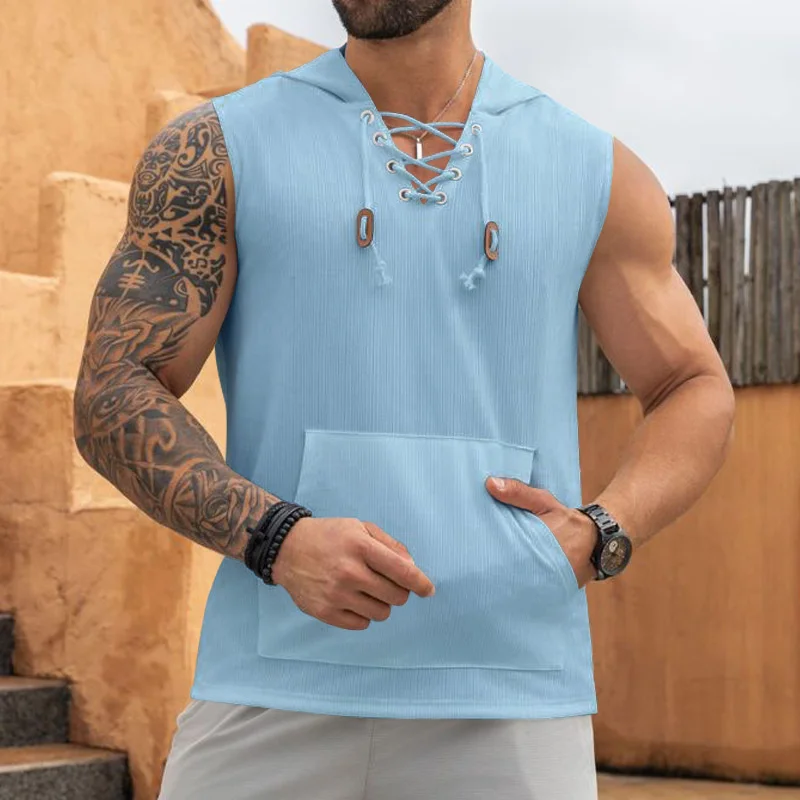2025 summer Men's Casual Tops Hooded Sleeveless Tank Top T-shirt Large Pockets Pullover Mens Solid Color Lace-up Vest ﻿