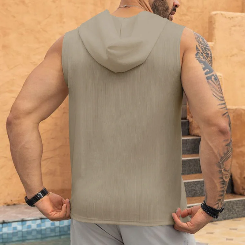 2025 summer Men's Casual Tops Hooded Sleeveless Tank Top T-shirt Large Pockets Pullover Mens Solid Color Lace-up Vest ﻿