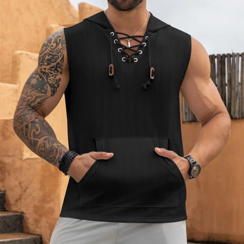 2025 summer Men's Casual Tops Hooded Sleeveless Tank Top T-shirt Large Pockets Pullover Mens Solid Color Lace-up Vest ﻿