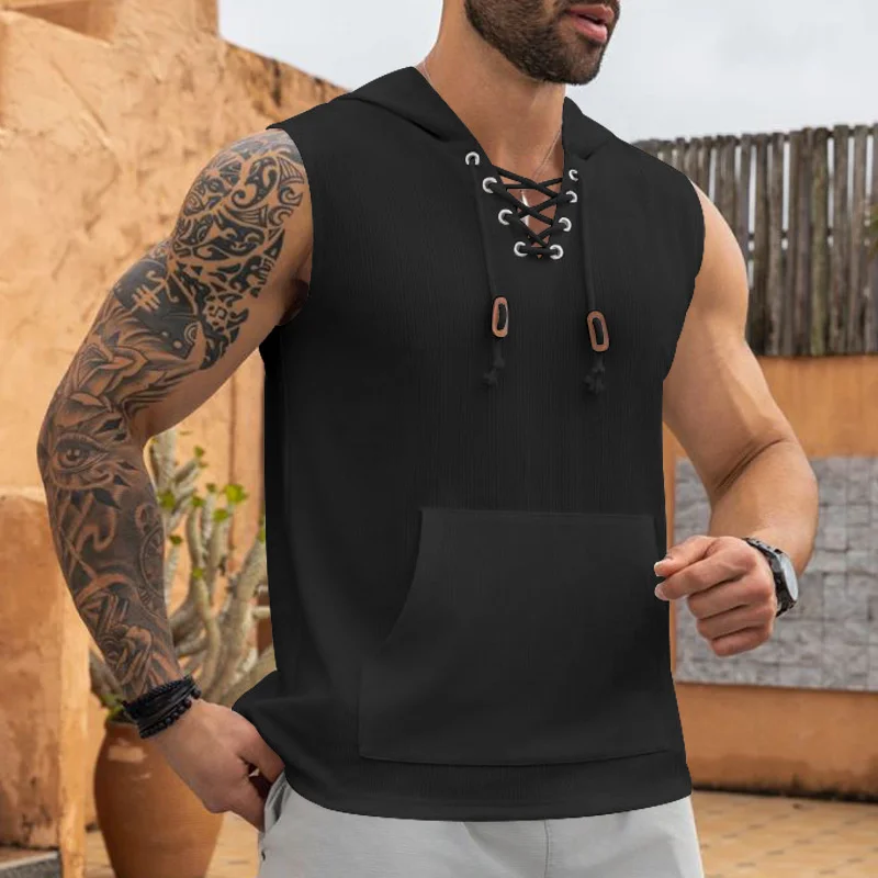 2025 summer Men's Casual Tops Hooded Sleeveless Tank Top T-shirt Large Pockets Pullover Mens Solid Color Lace-up Vest ﻿