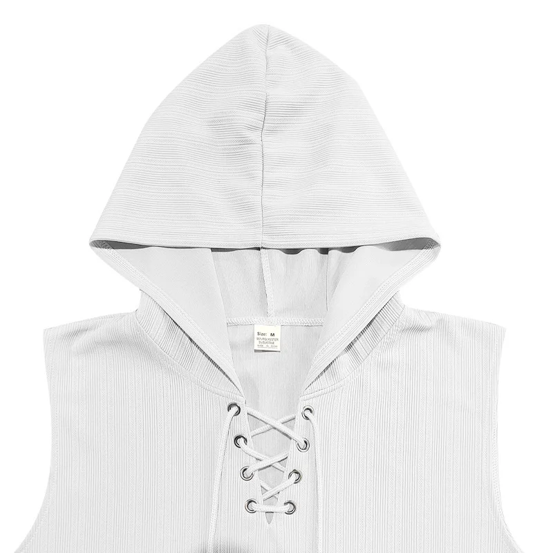 2025 summer Men's Casual Tops Hooded Sleeveless Tank Top T-shirt Large Pockets Pullover Mens Solid Color Lace-up Vest ﻿
