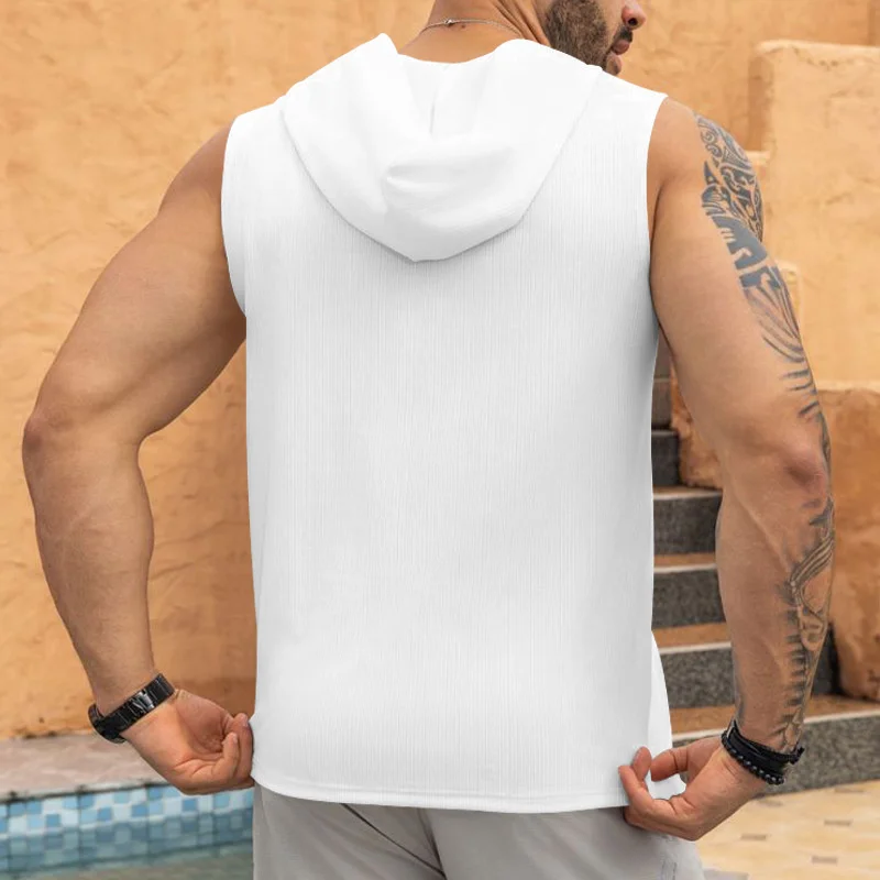 2025 summer Men's Casual Tops Hooded Sleeveless Tank Top T-shirt Large Pockets Pullover Mens Solid Color Lace-up Vest ﻿