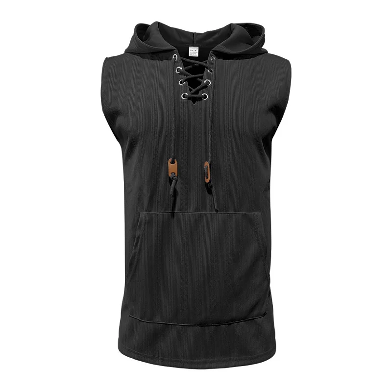 2025 summer Men's Casual Tops Hooded Sleeveless Tank Top T-shirt Large Pockets Pullover Mens Solid Color Lace-up Vest ﻿