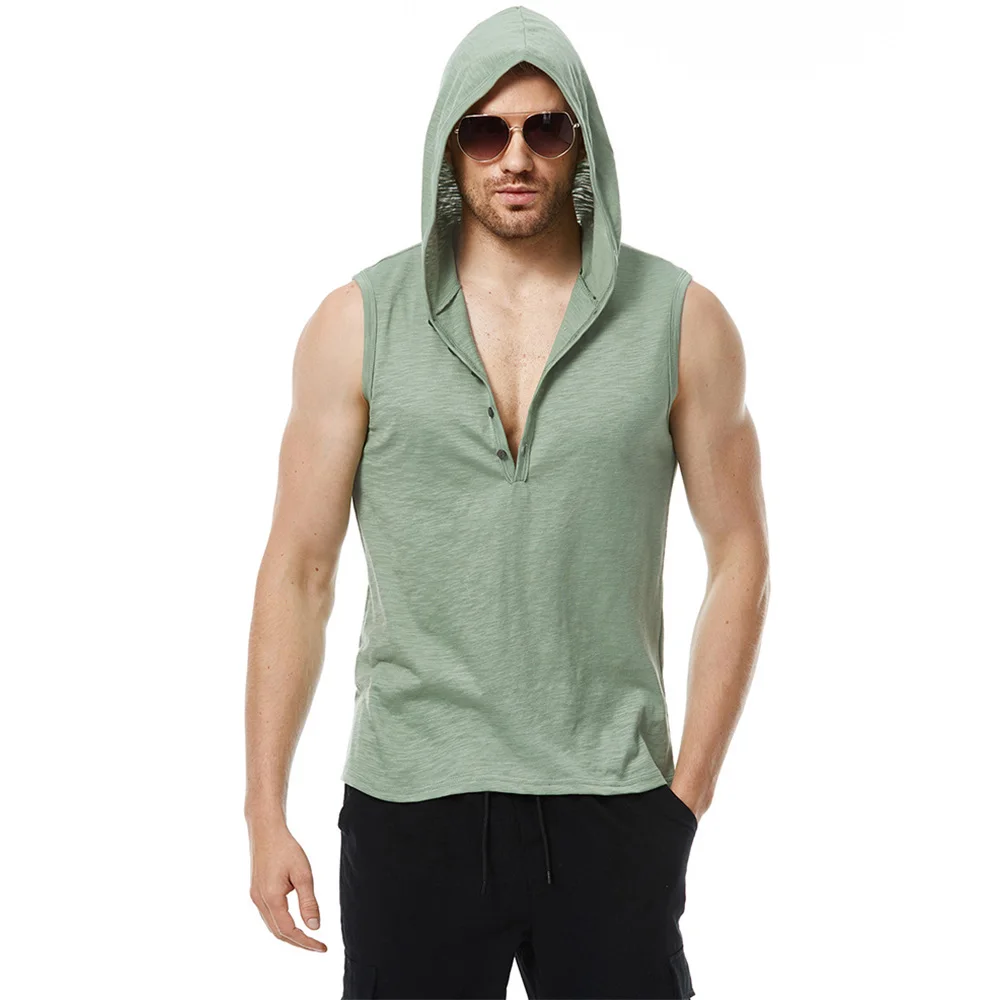 Men Cotton Tank Tops Tees Sleeveless T-shirt Fitness Gym High Elastic Hooded Vest Casual Fashion Baggy T Shirt Male Summer