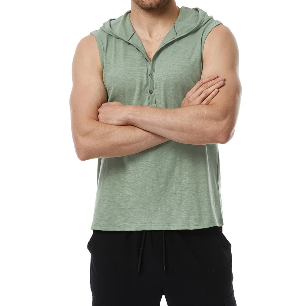 Men Cotton Tank Tops Tees Sleeveless T-shirt Fitness Gym High Elastic Hooded Vest Casual Fashion Baggy T Shirt Male Summer