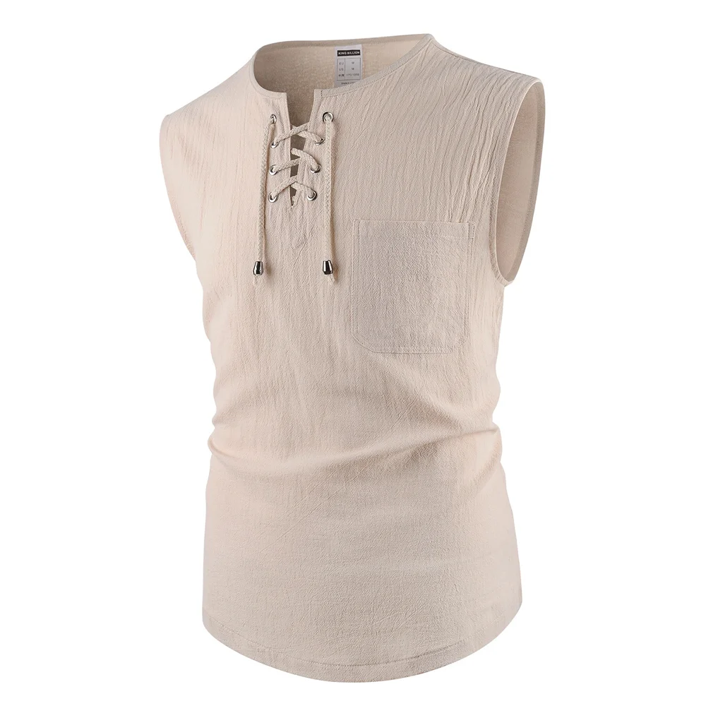 Men's Tank Tops Cotton Linen Breathable Lightweight Solid Color Drawstring Design V-neck Cool Feeling Vacation Style Male Tops