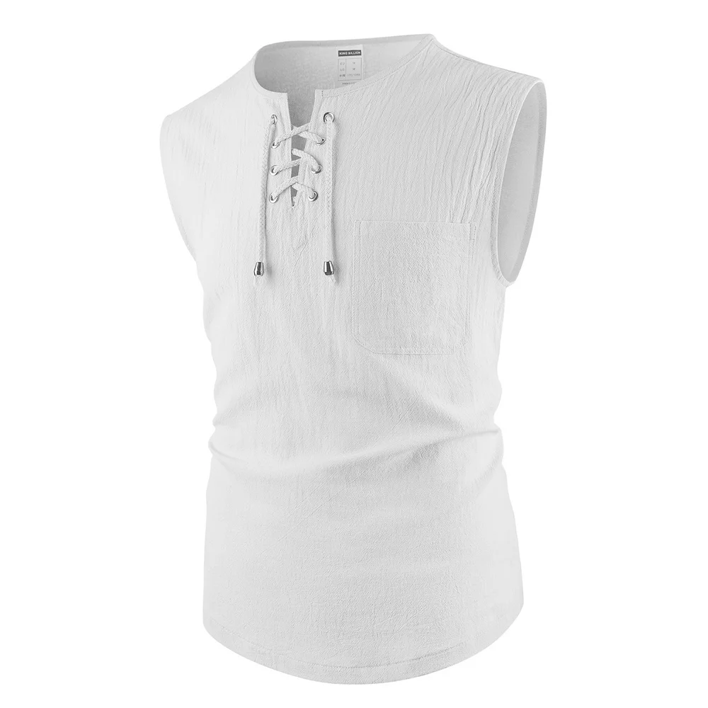 Men's Tank Tops Cotton Linen Breathable Lightweight Solid Color Drawstring Design V-neck Cool Feeling Vacation Style Male Tops