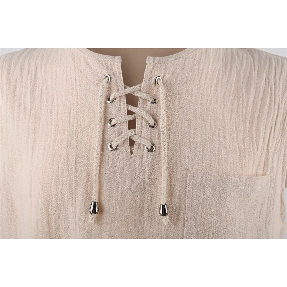 Men's Tank Tops Cotton Linen Breathable Lightweight Solid Color Drawstring Design V-neck Cool Feeling Vacation Style Male Tops