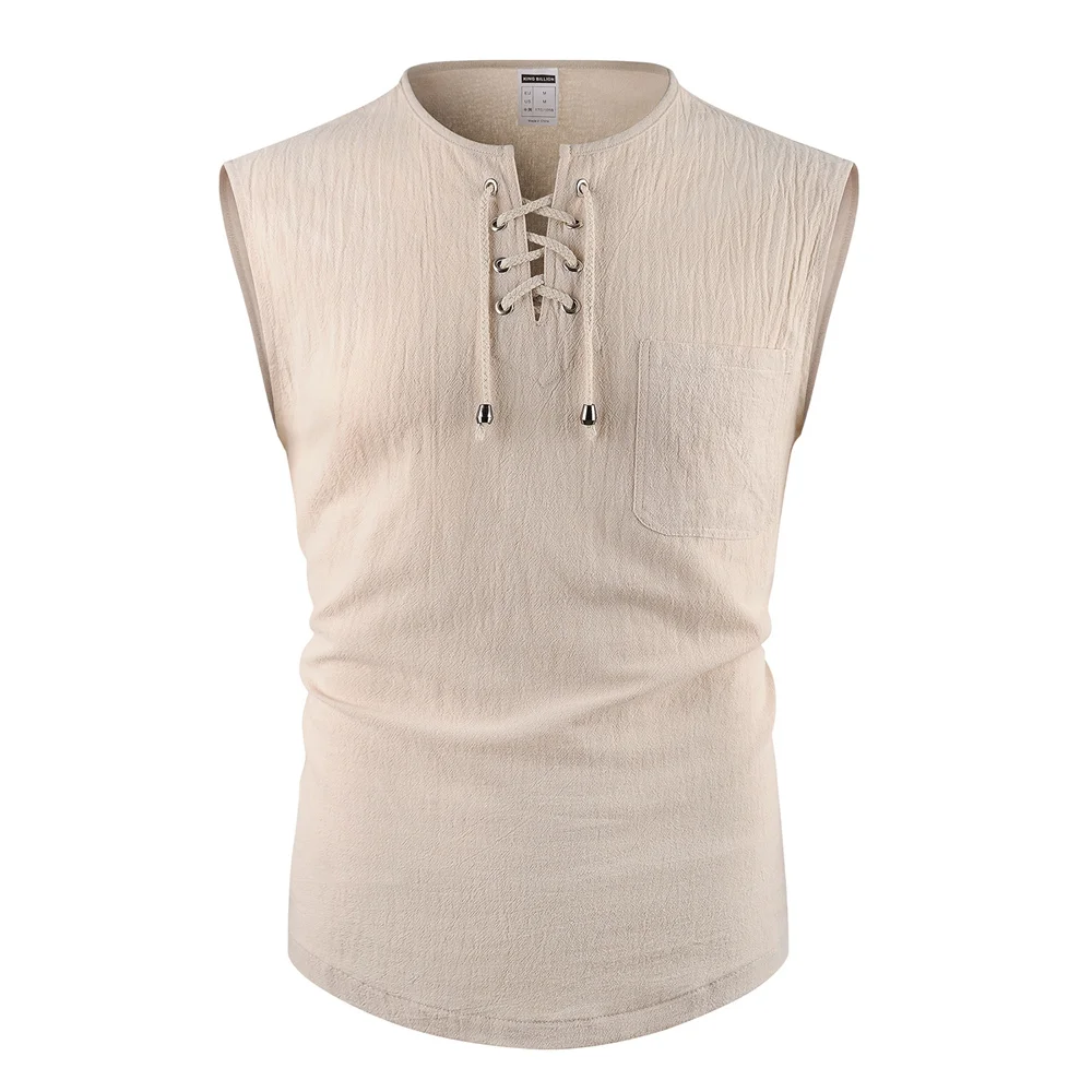 Men's Tank Tops Cotton Linen Breathable Lightweight Solid Color Drawstring Design V-neck Cool Feeling Vacation Style Male Tops