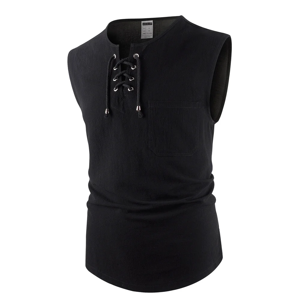 Men's Tank Tops Cotton Linen Breathable Lightweight Solid Color Drawstring Design V-neck Cool Feeling Vacation Style Male Tops