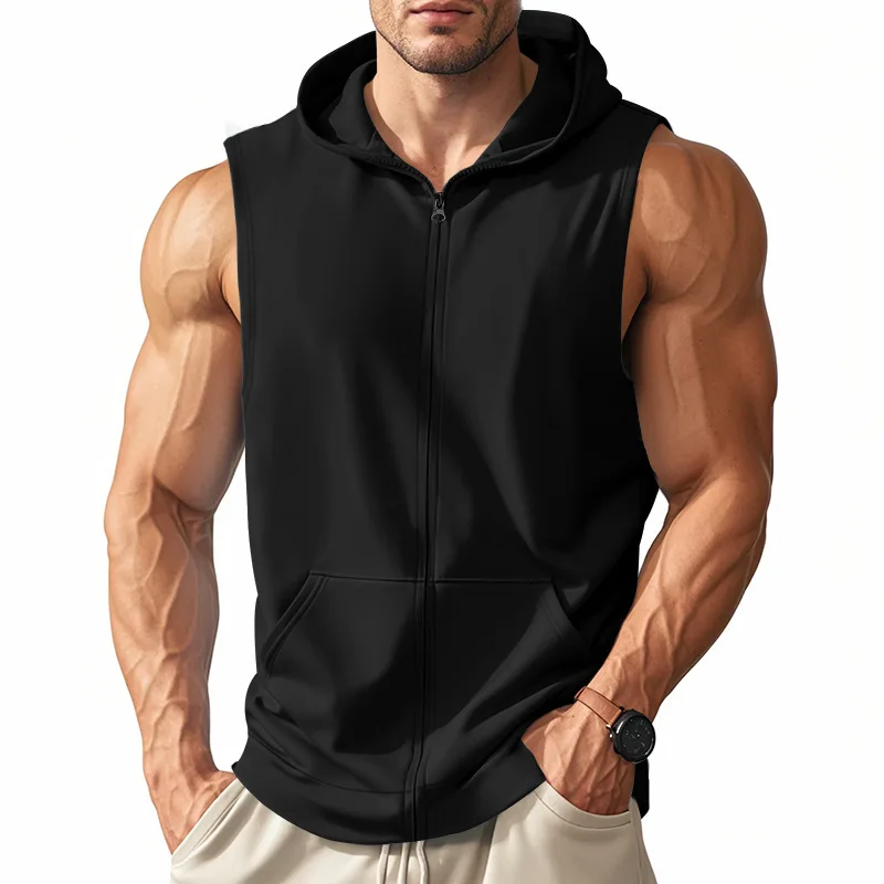 2025 Summer New style Men's Sports casual tank top Training Zipper Hooded Open Collar Sleeveless Loose Breathable Vest men Tops