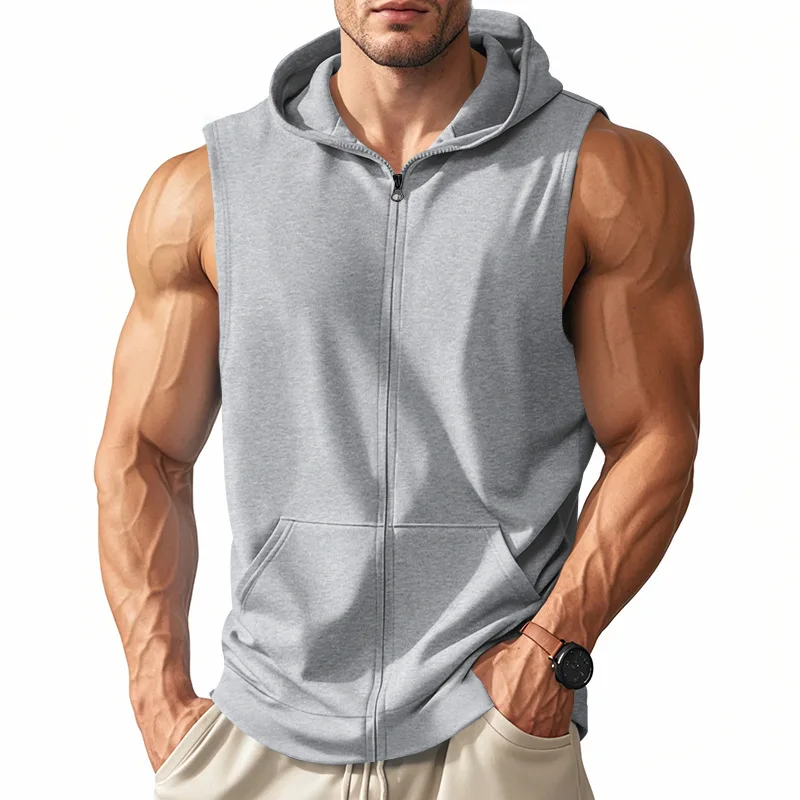 2025 Summer New style Men's Sports casual tank top Training Zipper Hooded Open Collar Sleeveless Loose Breathable Vest men Tops