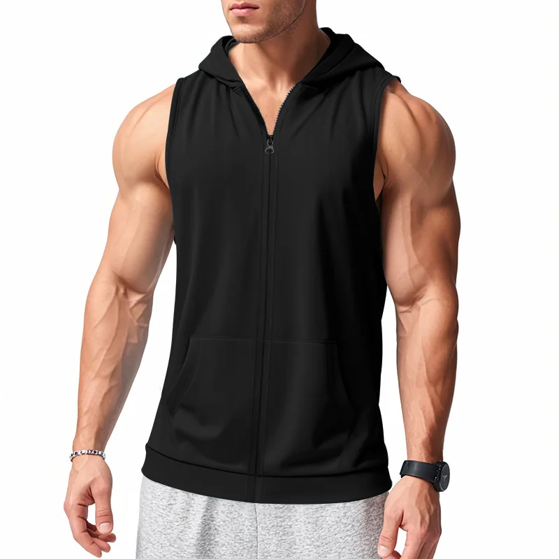 2025 Summer New style Men's Sports casual tank top Training Zipper Hooded Open Collar Sleeveless Loose Breathable Vest men Tops