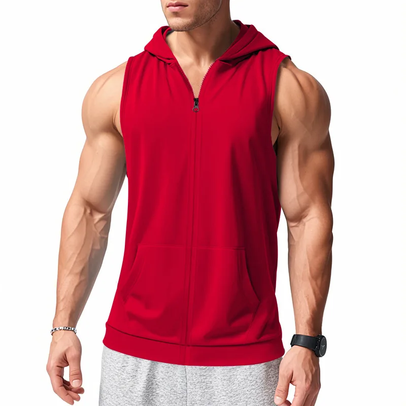 2025 Summer New style Men's Sports casual tank top Training Zipper Hooded Open Collar Sleeveless Loose Breathable Vest men Tops