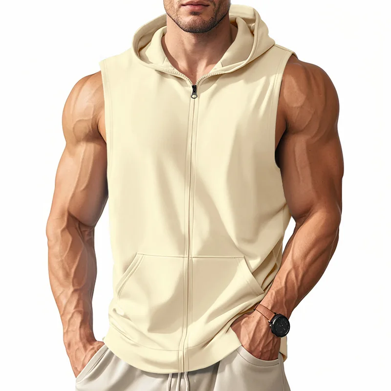 2025 Summer New style Men's Sports casual tank top Training Zipper Hooded Open Collar Sleeveless Loose Breathable Vest men Tops