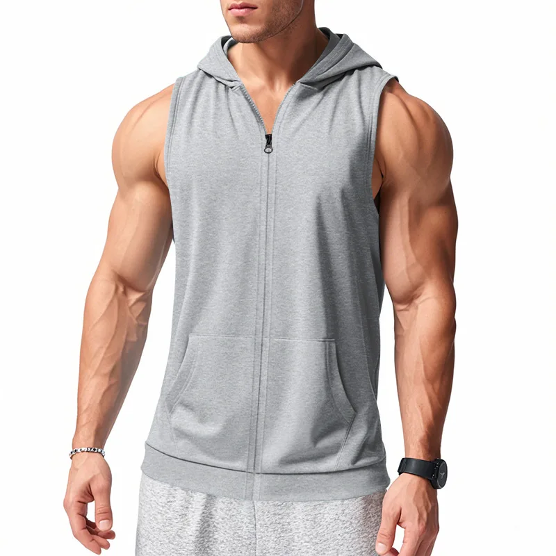 2025 Summer New style Men's Sports casual tank top Training Zipper Hooded Open Collar Sleeveless Loose Breathable Vest men Tops