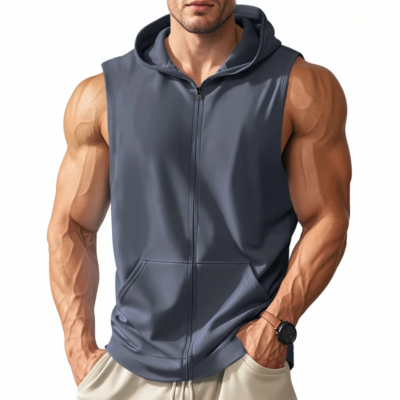 2025 Summer New style Men's Sports casual tank top Training Zipper Hooded Open Collar Sleeveless Loose Breathable Vest men Tops