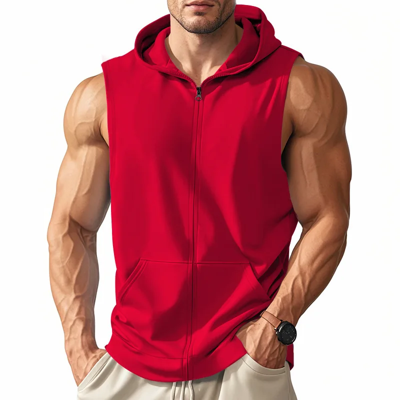 2025 Summer New style Men's Sports casual tank top Training Zipper Hooded Open Collar Sleeveless Loose Breathable Vest men Tops